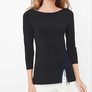 WHITE House Black Market Contrast Lace Up Hem Pullover Sweater, S